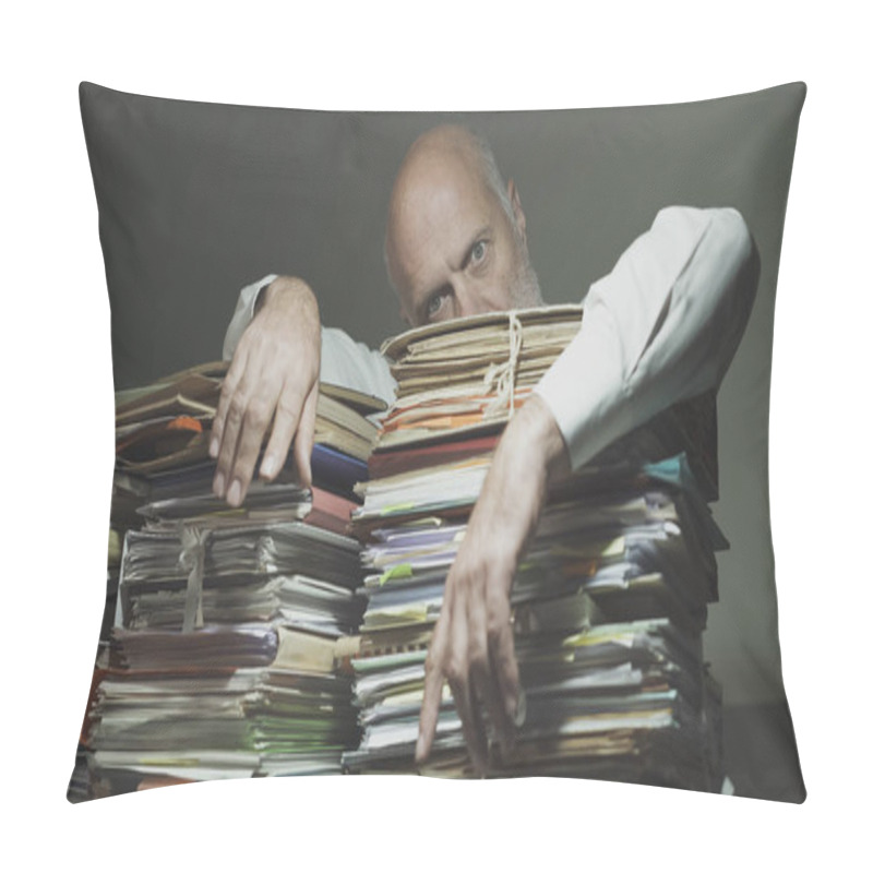 Personality  Exhausted Businessman Leaning On A Pile Of Paperwork Pillow Covers