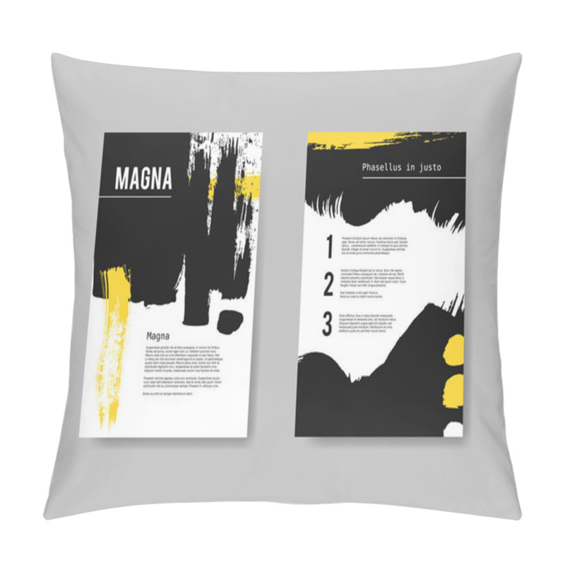 Personality  Set Of Artistic Design Templates Flyers With Black And Yellow Paint Splashes.  Abstract Painted Backgrounds. Underground Hand Drawn Vector Pillow Covers