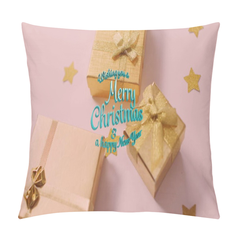 Personality  The Image Features Gold Christmas Presents And Stars On A White Background With Digital Image Of Merry Christmas And Happy New Year Text Banners Against A Black Background. The Clip Is A Christmas Celebration And Festivity Vector Illustration Concept Pillow Covers