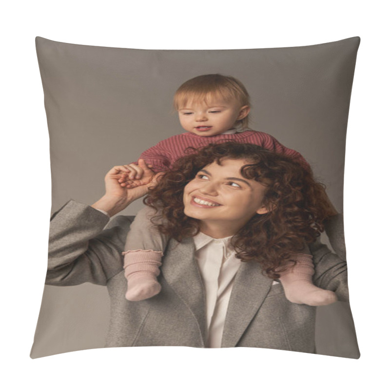 Personality  Motherhood, Kid On Shoulders, Work Life Balance, Cheerful Working Mother, Woman And Happy Daughter On Grey Background, Work Life Harmony Concept, Loving Motherhood, Quality Family Time  Pillow Covers