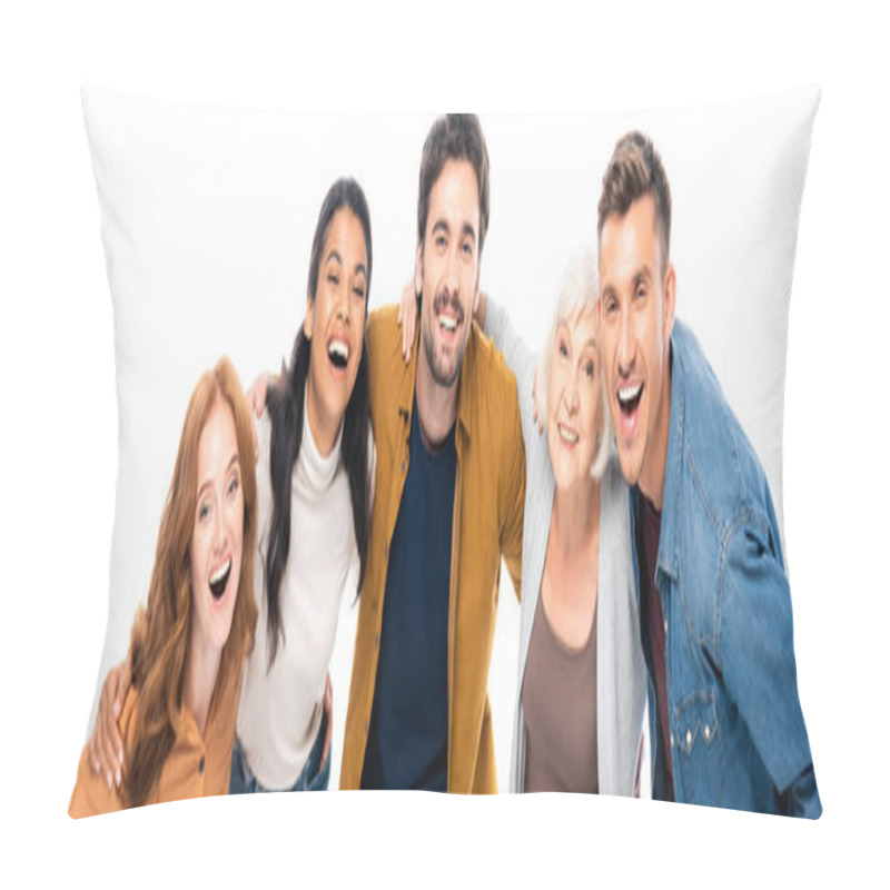 Personality  Multiethnic People Smiling At Camera And Embracing Isolated On White, Banner  Pillow Covers