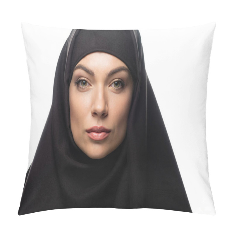 Personality  Beautiful Young Muslim Woman In Hijab Looking At Camera Isolated On White Pillow Covers