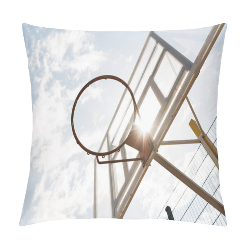 Personality  Bottom View Of Basketball Backboard Under Blue Sky With Clouds In Sunny Day Pillow Covers