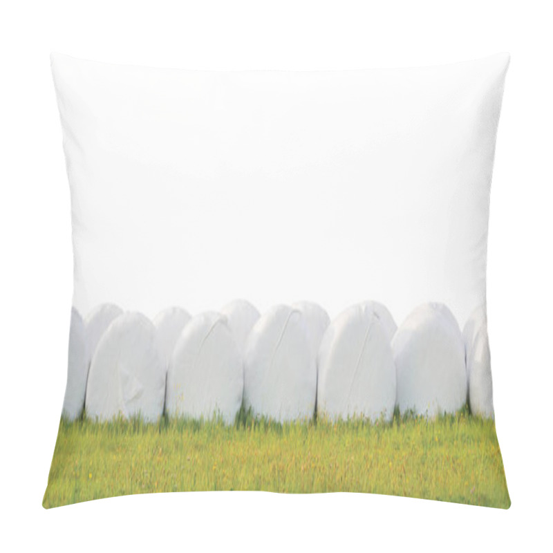 Personality  Wrapped Stacked Silage Bales Row, Isolated Round White Plastic Film Hay Rolls, Haylage Stack Rows Panorama, Horizontal Grassland Closeup, Green Summer Meadow Grass, Baling Concept, Panoramic Rural Scene Pillow Covers