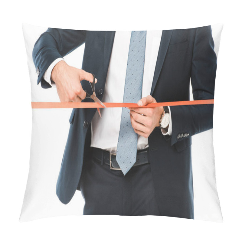 Personality  Cropped View Of Businessman Cutting Red Ribbon Or Tape With Scissors For Grand Opening, Isolated On White Pillow Covers