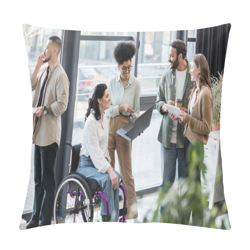 Personality  Cheerful Interracial Business People And Disabled Woman In Wheelchair Using Devices In Coworking Pillow Covers