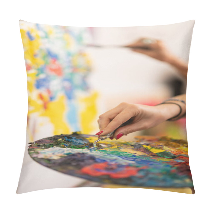 Personality  Artist With Red Nails Wearing Bracelet Taking Gouache Pillow Covers