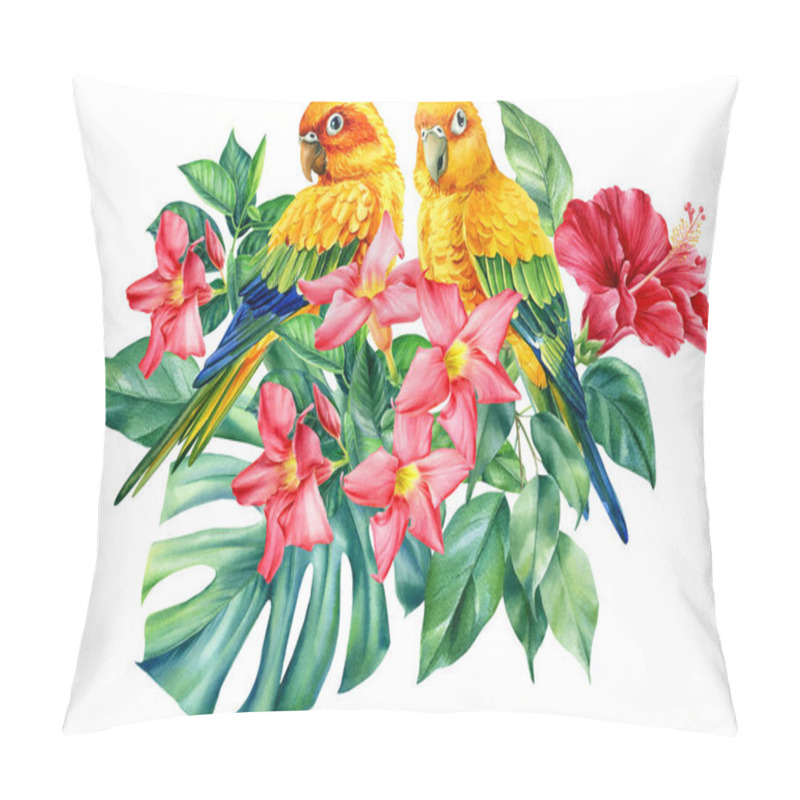 Personality  Print Of Tropical Leaves, Hibiscus Flowers And Lovebirds On An Isolated White Background, Watercolor Illustration Pillow Covers