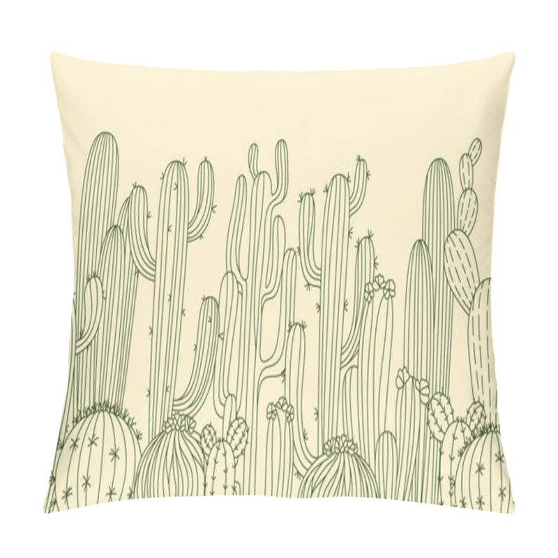 Personality  Cactus Horizontal Poster Or Background. Botanical Doodle Ornament Succulent Desert Plants. Exotic Western Mexico Linear Cacti. Trendy Cartoon Outline Pattern With Cactus Vector Illustration Isolated Pillow Covers