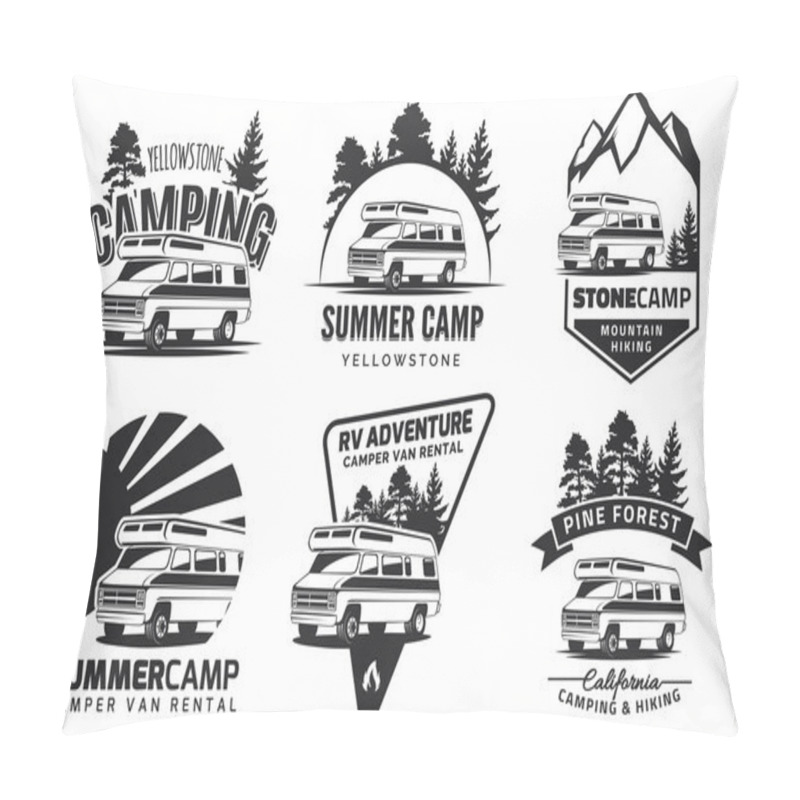 Personality  Set Of Monochrome Camper Van Car Emblems. Pillow Covers