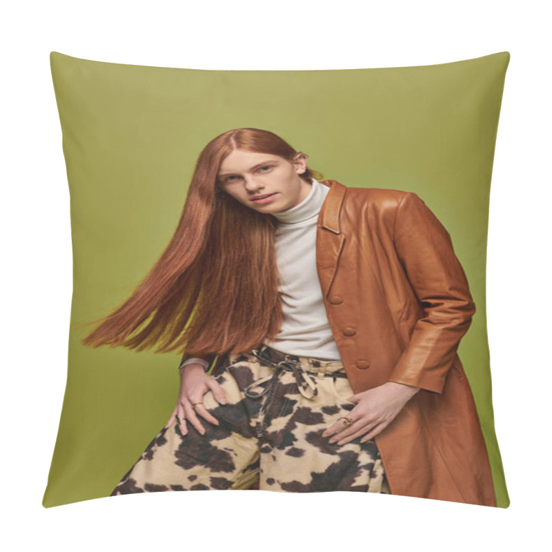 Personality  A Young Man With Striking Long Red Hair Showcases Deep Emotions While Posing Creatively. Pillow Covers