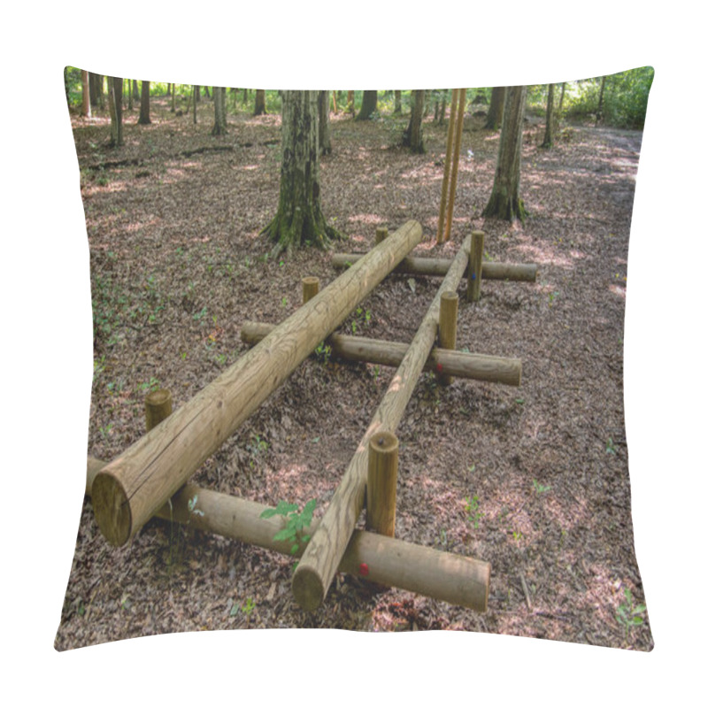 Personality  Modern Sports Ground With Fitness Equipment In Spring Urban Forest Park. Pillow Covers