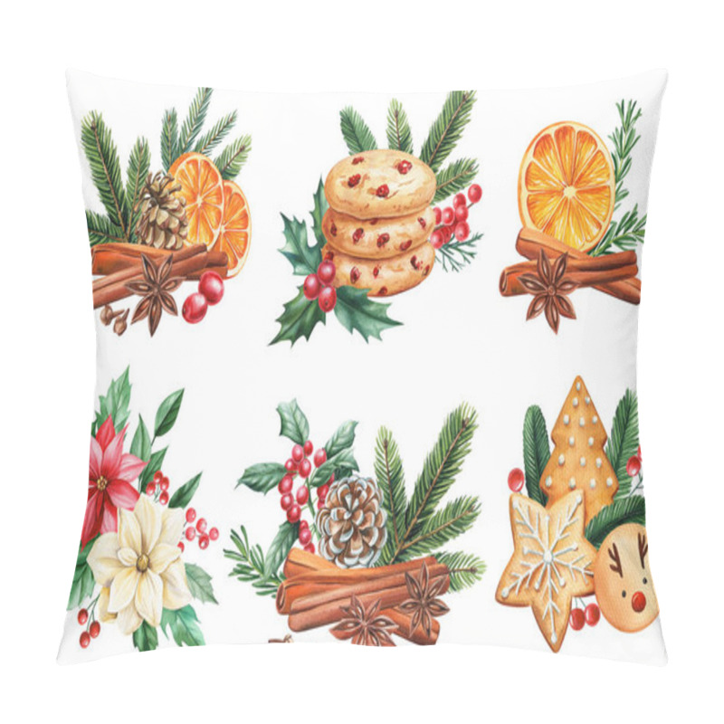 Personality  Arrangement Set. Orange, Cinnamon, Anise, Flowers And Pine Cone Isolated. Hand-painted Watercolor Gingerbread For Holiday. High Quality Illustration Pillow Covers