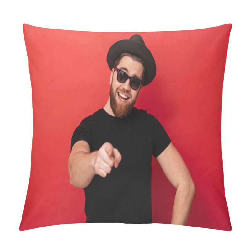 Personality  Photo Of Unshaved Cheerful Man Wearing Black Sunglasses And Hat  Pillow Covers