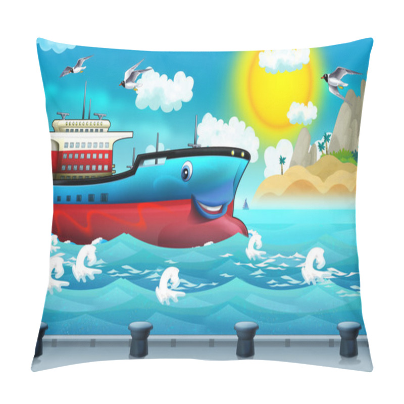 Personality  Cartoon Scene With A Cargo Ship Sailing Into The Port Pillow Covers