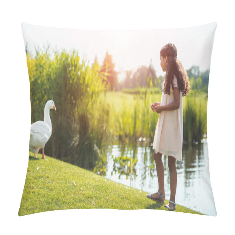 Personality  Girl Feeding Goose Near Lake Pillow Covers