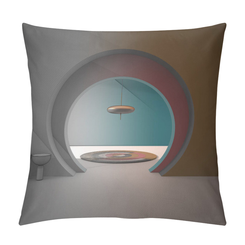 Personality  Architect Interior Designer Concept: Unfinished Project That Becomes Real, Classic Metaphysics Interior Design, Lobby, Hall With Round Carpet And Copper Pendant Lamp, Archway Pillow Covers