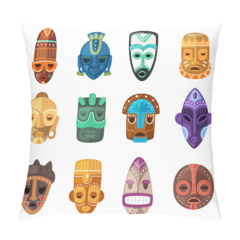 Personality  Tribal Mask Vector Cartoon African Face Masque And Masking Ethnic Culture In Africa Illustration Set Of Traditional Masked Symbol Isolated On White Background Pillow Covers