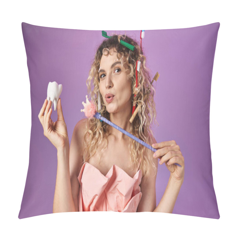 Personality  Jolly Playful Tooth Fairy Casting Spell On Baby Tooth With Her Magic Wand And Looking At Camera Pillow Covers