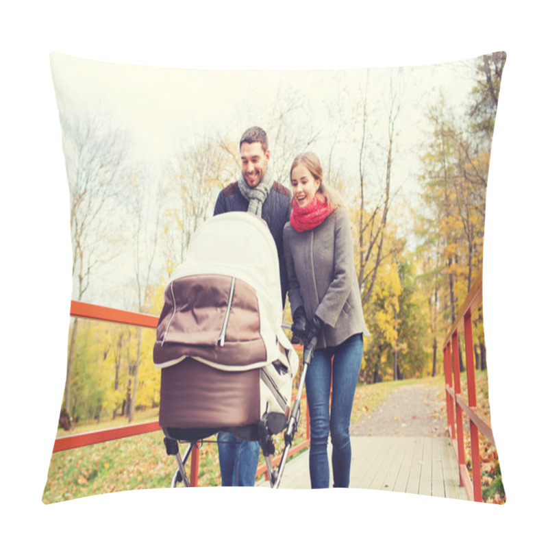 Personality  Smiling Couple With Baby Pram In Autumn Park Pillow Covers