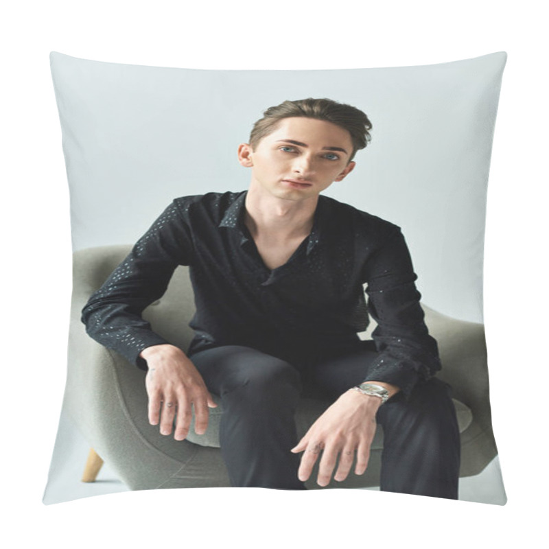 Personality  Young Queer Person Exudes Confidence, Sitting On A Chair In A Black Shirt, Portraying Strength And Individuality. Pillow Covers