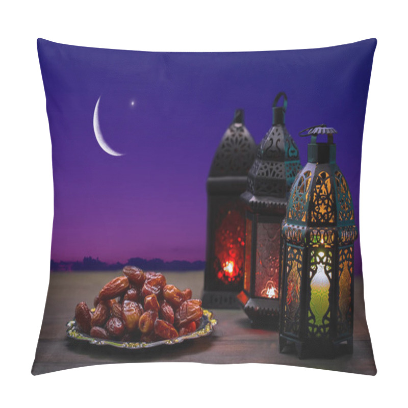 Personality  Ornamental Dark Moroccan, Arabic Lantern And Dates On On An Old Wooden Table With The Night Sky And The Crescent Moon And The Star Behind. Greeting Card For Muslim Community Holy Month Ramadan Kareem. Pillow Covers