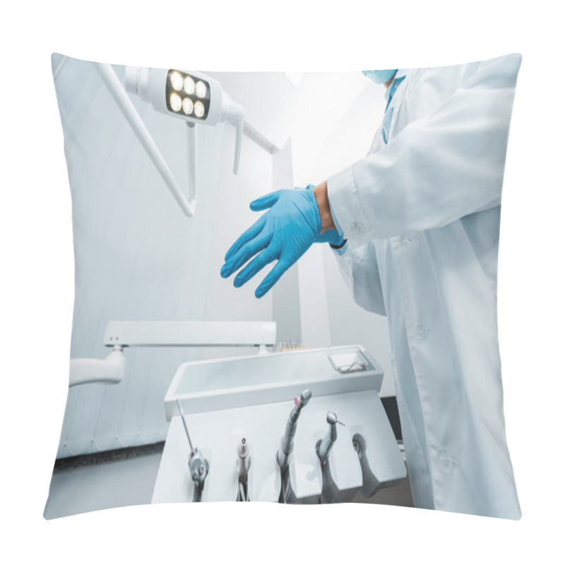 Personality  Cropped View Of Male Dentist Wearing Latex Glove Pillow Covers