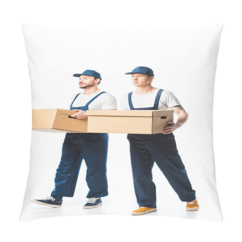 Personality  Two Handsome Movers In Uniform Transporting Cardboard Boxes On White Pillow Covers