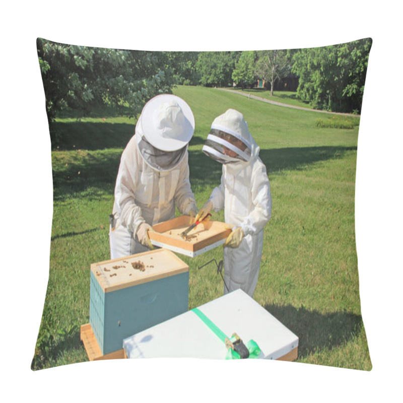 Personality  Mother Teaching Her Daughter How To Remove Burr Comb From A Langstroth Beehive Lid With Green Plant Background Copy Space.   Pillow Covers