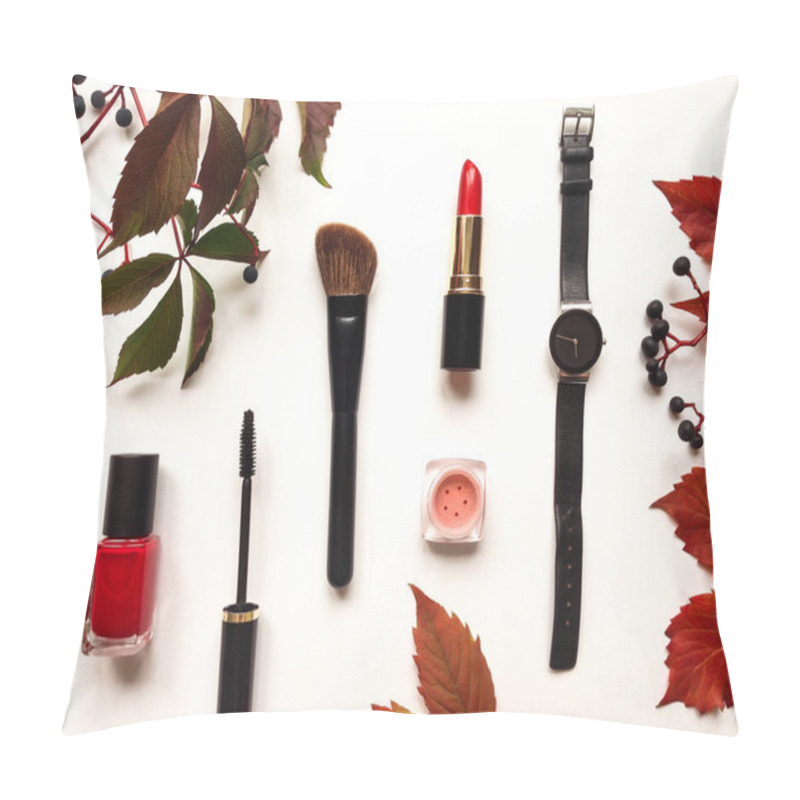 Personality  Decorative Flat Lay Composition With Cosmetics, Woman Accessories And Autumn Leaves And Berries. Flat Lay, Top View Pillow Covers