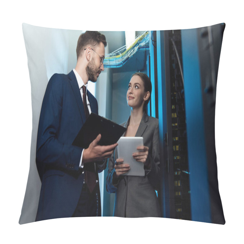 Personality  Selective Focus Of Happy Businesswoman And Businessman With Clipboard In Data Center  Pillow Covers