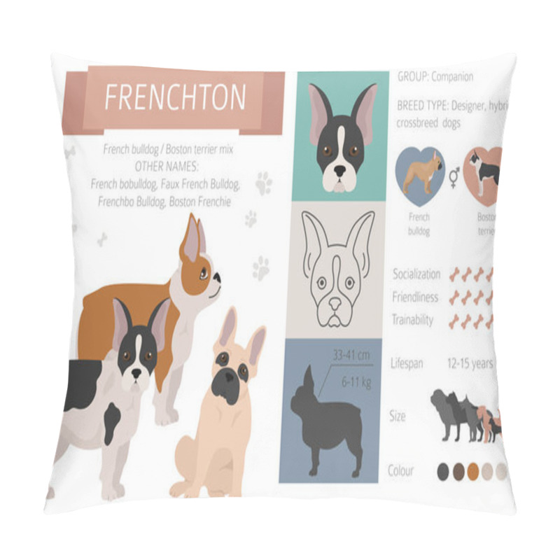 Personality  Designer Dogs, Crossbreed, Hybrid Mix Pooches Collection Isolated On White. Frenchton Flat Style Clipart Infographic. Vector Illustration Pillow Covers