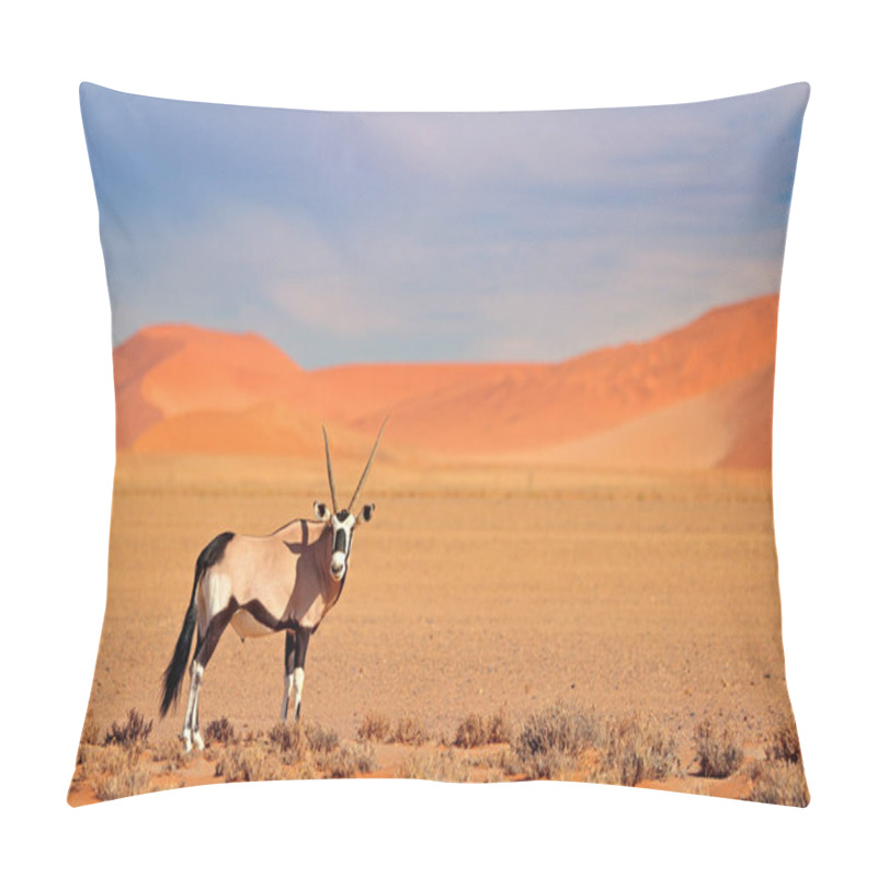 Personality  Gemsbok With Orange Sand Dune Evening Sunset. Gemsbuck, Oryx Gazella, Large Antelope In Nature Habitat, Sossusvlei, Namibia. Wild Animal In The Savannah. Animal With Big Straight Antlers Horns. Pillow Covers