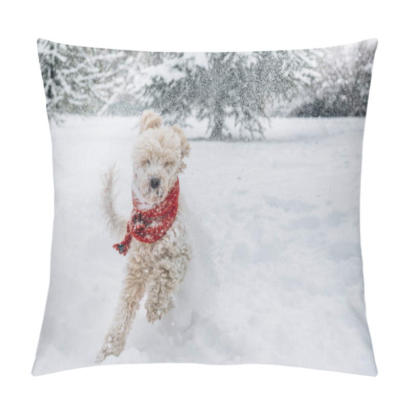 Personality  Cute And Funny Little Dog With Red Scarf Playing And Jumping In The Snow. Happy Puddle Having Fun With Snowflakes. Outdoor Winter Happiness. Pillow Covers