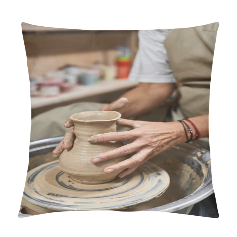 Personality  A Talented Woman Expertly Molds Wet Clay On A Potters Wheel, Showcasing Her Craftsmanship. Pillow Covers