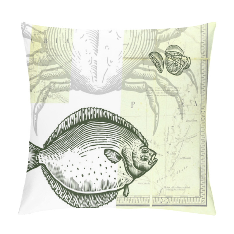 Personality  Drawing Of A Fish Crab And Sliced Lemon With A Map As Background Pillow Covers