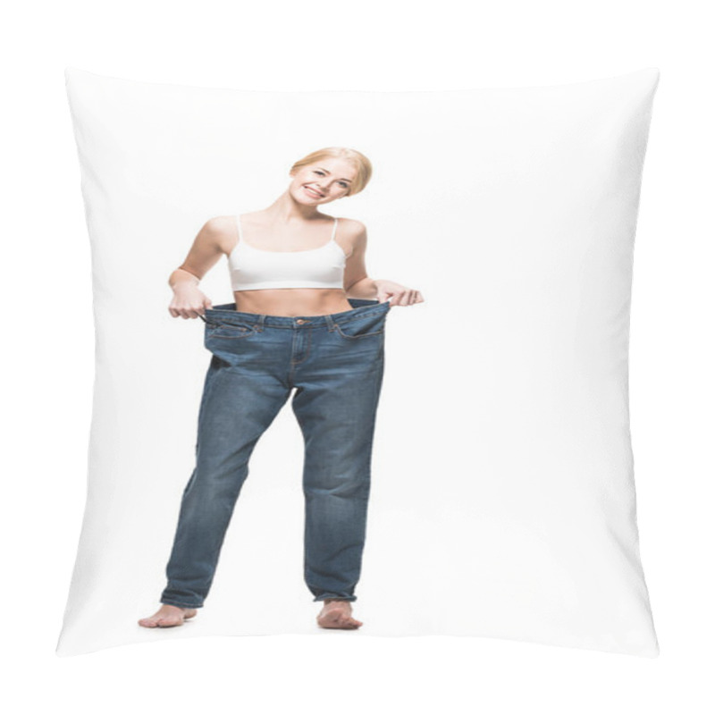 Personality  Full Length View Of Happy Young Woman In Oversized Jeans Smiling At Camera Isolated On White Pillow Covers