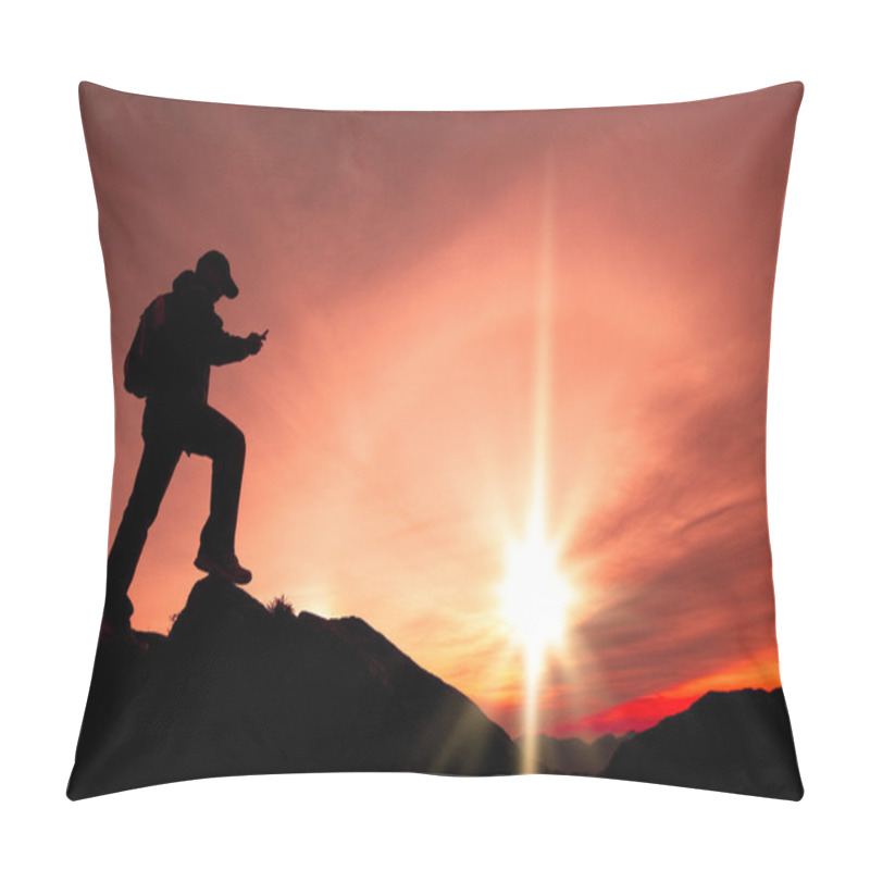 Personality  Young Man Using Smart Phone On The Top Of Mountain Pillow Covers