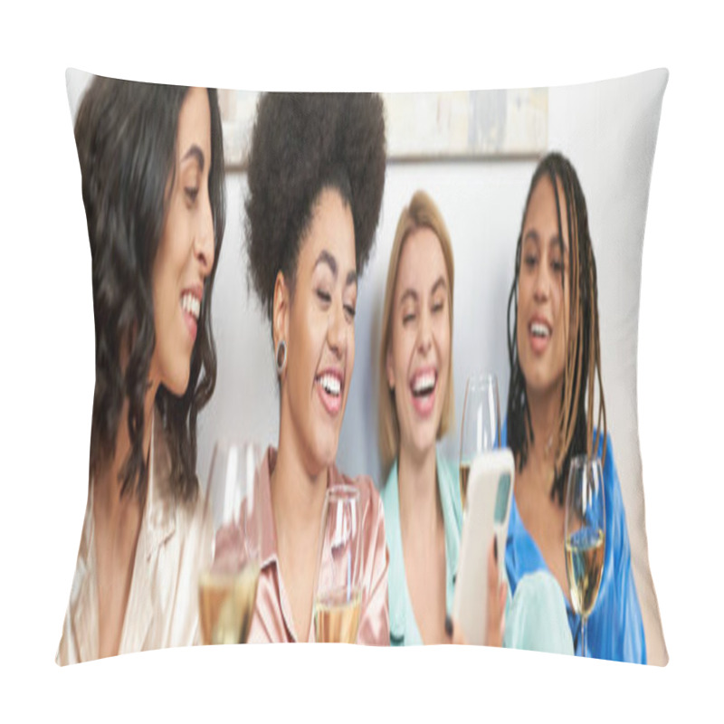 Personality  Smiling African American Woman Using Blurred Smartphone Near Multiethnic Girlfriends In Colorful Pajama With Glasses Of Wife During Girls Night At Home, Bonding Time In Comfortable Sleepwear, Banner Pillow Covers