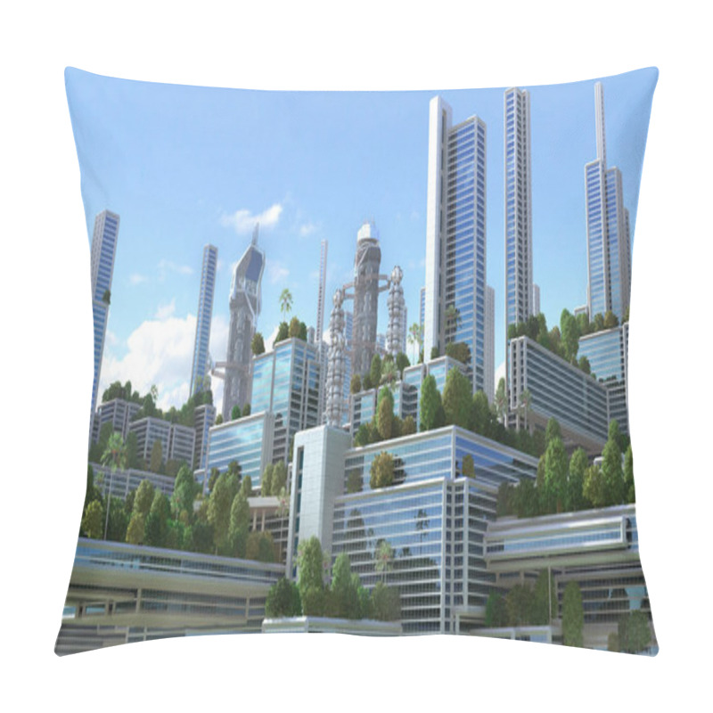 Personality  3D Illustration Of A Futuristic Green City. Pillow Covers