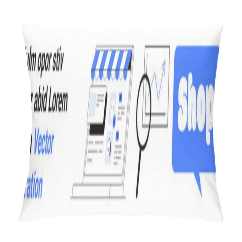 Personality  A Storefront With A Striped Awning, A Magnifying Glass Over A Line Graph, And A Shop Speech Bubble. Ideal For Online Shopping, Digital Marketing, Data Analysis, E-commerce, And Business Analytics Pillow Covers