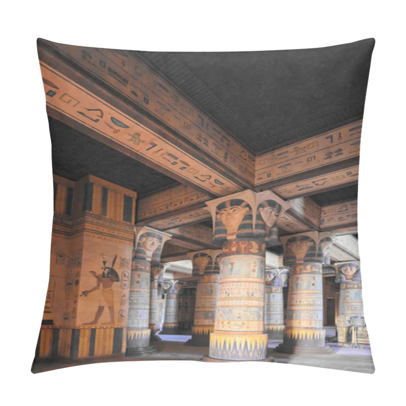 Personality  The Egyptian Temple, With Tall Columns And Intricate Designs, Houses Sculptures Of Hathor. The Walls And Ceiling Are Full Of Hieroglyphs. The Photo Shows An Upward View Of The Dimly Lit Temple. Pillow Covers