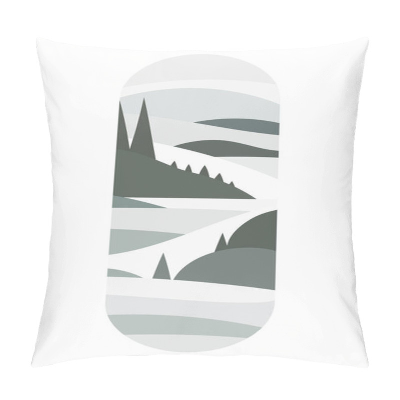 Personality  Vector Illustration. Oval Composition With Pronounced Forests And Hills Intersecting With Smooth Lines. Shades Are Muted, Gray-green And Beige. Pillow Covers