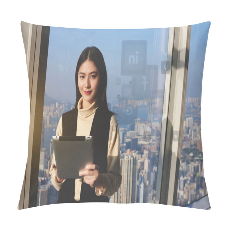 Personality  Young Woman Using Online Banking Pillow Covers