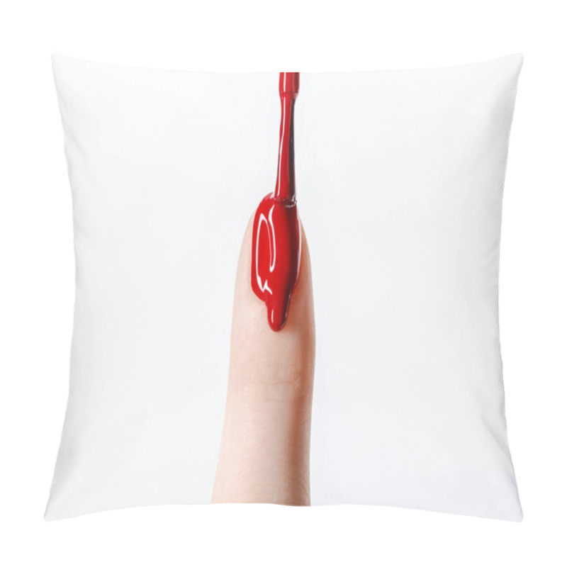 Personality  Cropped View Of Woman Applying Dripping Red Nail Polish On Fingernail Isolated On Grey Pillow Covers