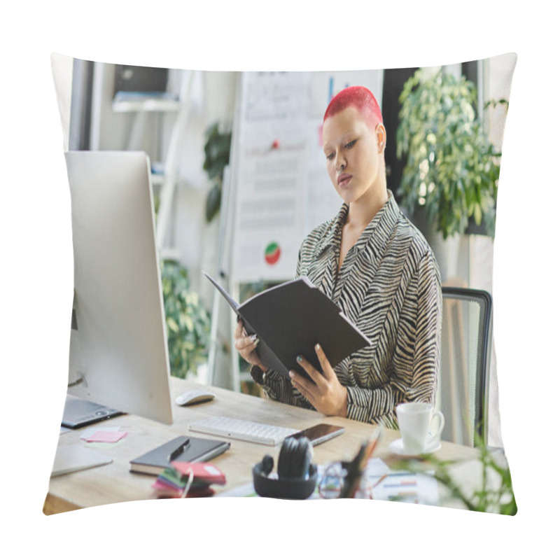 Personality  A Focused Bald Woman With Striking Red Hair Examines Documents While Seated At A Stylish Desk. Pillow Covers