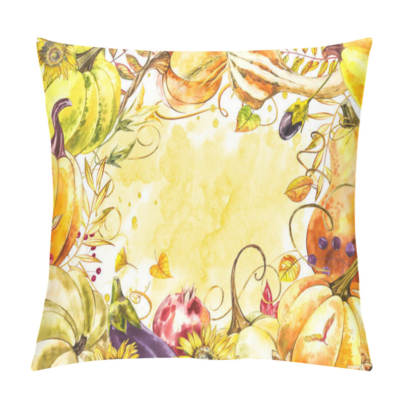 Personality  Autumn Leaves And Pumpkins Border Frame With Space Text On White Background. Seasonal Floral Maple Oak Tree Orange Leaves With Gourds For Thanksgiving Holiday, Harvest Decoration Watercolor Design. Pillow Covers