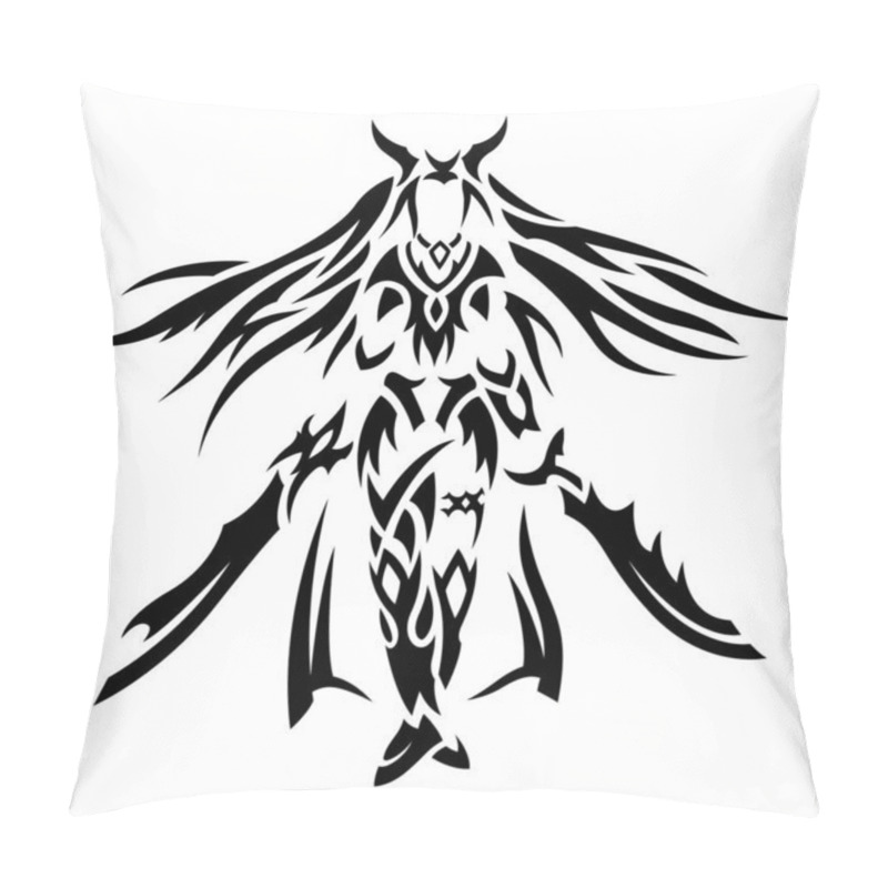 Personality  Beautiful Monochrome Vector Tribal Tattoo Illustration With Stylized Strong Woman Warrior Silhouette Isolated On The White Background Pillow Covers