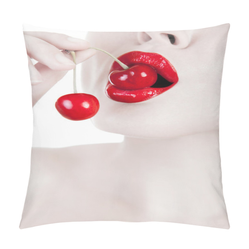 Personality  Mouth With Red Lips Biting Cherry  Pillow Covers