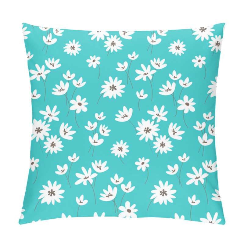 Personality  Seamless Floral Pattern White Flowers On Turquoise Background. Vector Illustration. Ditsy Style. Design For Fabric, Wrapping Paper, Background, Wallpaper, Kids Fashion. Pillow Covers